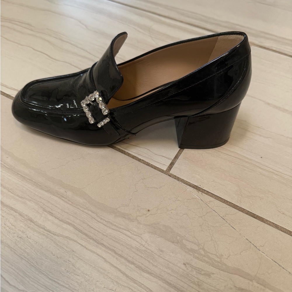 Stuart Weitzman Glossy Black Loafers with Sparkling Buckle